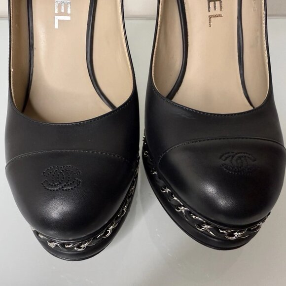 Chanel Black Leather Platform Silver Chain Pump Heel Shoes Sz 36 EU CC Cap Toe - Picture 5 of 12